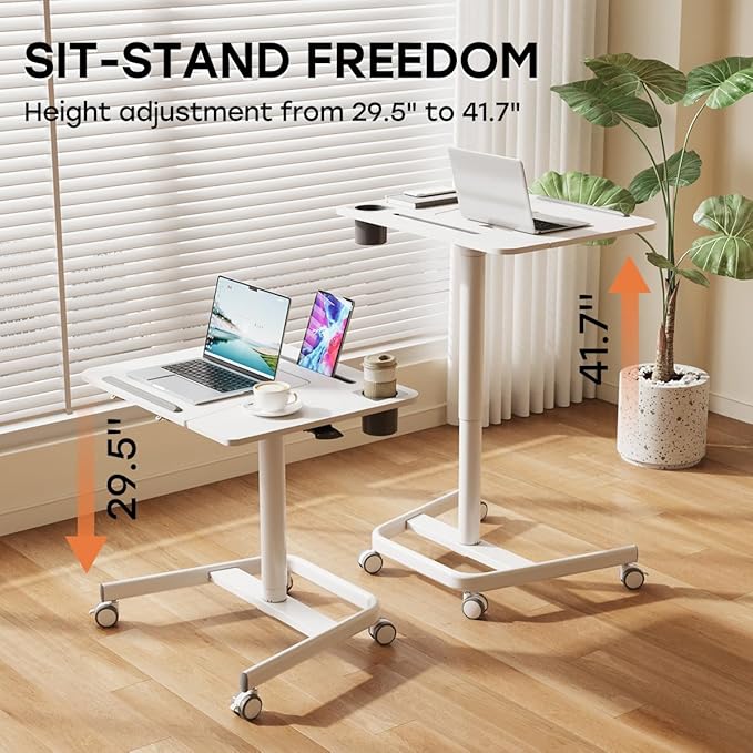 JOY worker Mobile Standing Desk, Height Adjustable Table, 60° Tiltable Rolling Laptop Desk, Portable Sit Stand Desk with Wheels Cup Holder for Bed Couch School, Holds Up to 22lbs, White