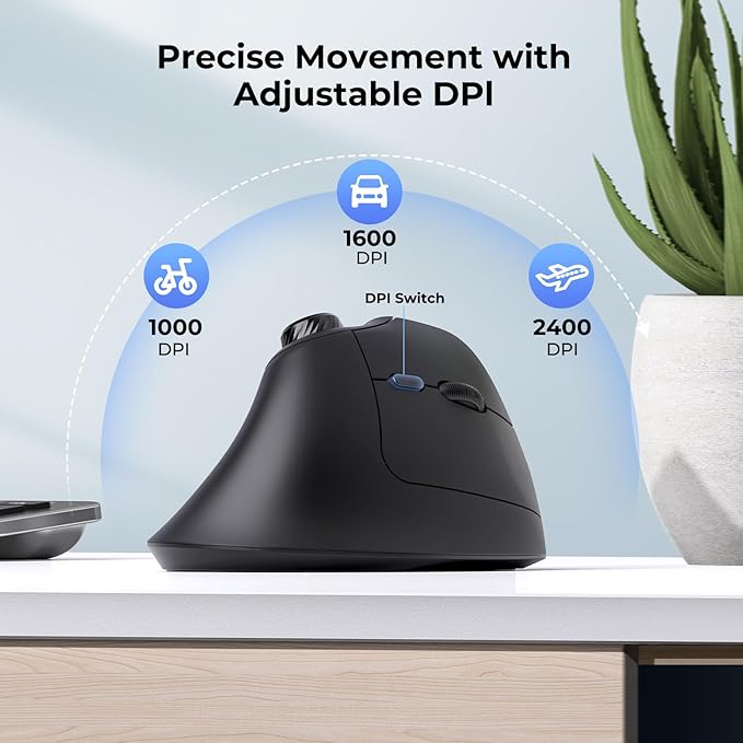 seenda Ergonomic Mouse Wireless, MOU-302 Bluetooth Vertical Mouse Rechargeable, Optical Mice with 1000/1600/2400 DPI, Volume Knob, 3 Multi-Device Connectivity for Computer/PC/Laptop/Mac, Black