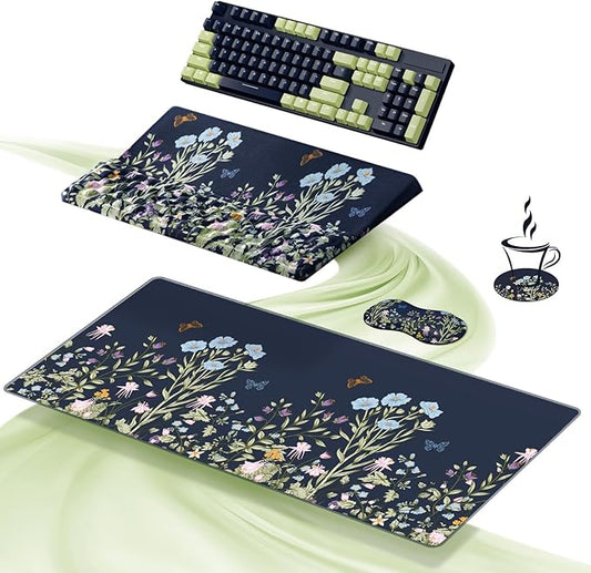 Ospelelf Keyboard Wrist Rest Stand Pad and Ergonomic Mouse Pad Set with Large Mousepad, Memory Foam Comfort, Premium Office Desk Accessories for Pain Relief, Moonlit Blossoms