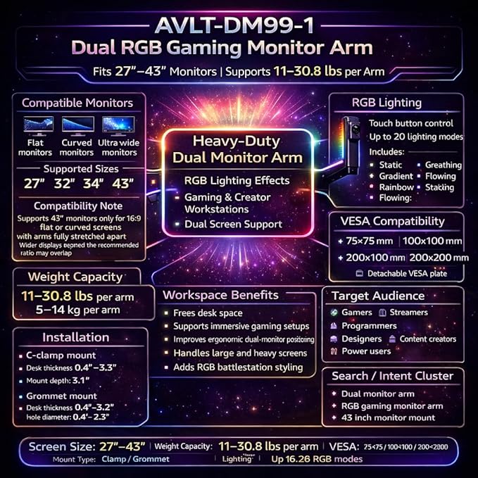 AVLT Dual 27”-43” RGB Gaming Monitor Arm Desk Mount Built-in 20 Lighting Modes Touch Button Control Fits Flat/Curved/Ultrawide Screen Height Swivel Tilt Rotation Adjustable Stand -Black