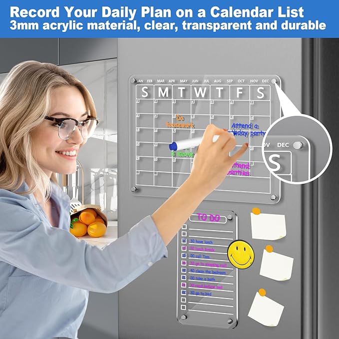 Acrylic Magnetic Monthly and to Do List for Fridge, Acrylic Clear Magnetic Dry Erase Board Calendar for Refrigerator, Reusable Planning Board, Planner Includes 6 Dry Erase Markers (16"x12"+ 8"x12")