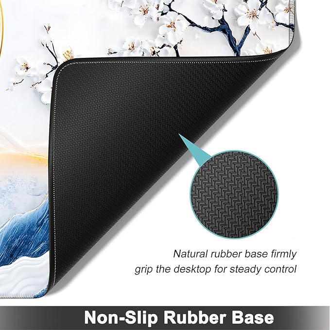 Large Mouse pad and Keyboard Support Set, Ergonomic Memory Foam Keyboard Wrist Rest, Extended Gaming Mouse Pad with Stitched Edges, Porcelain Sakura Bloom Art XXL Desk Mat (31.5 X 11.8 in)