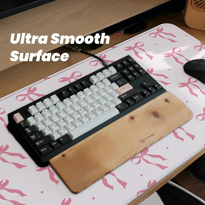 Large Computer Mouse Pad with Non-Slip Base for Desktop, Cute Gaming Mouse Mat with Stitched Edges, Long Extended Anime Mousepad for Laptop, 31.5 x 11.8 inches (Pink Ribbon Bow)