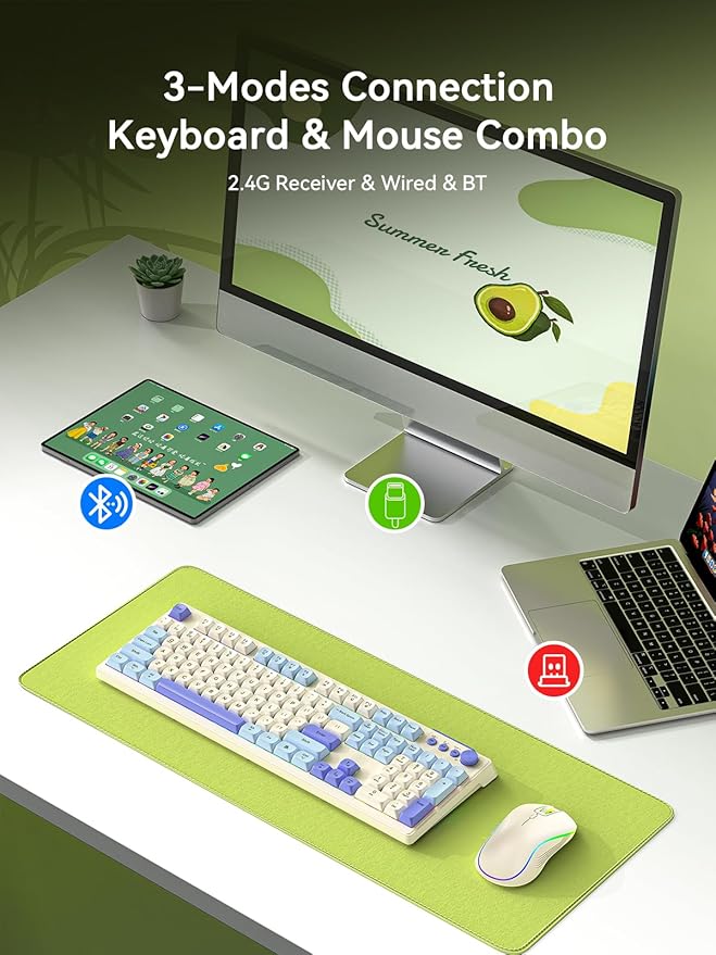 Wireless Keyboard and Mouse Combo, Wireless Keyboard Bluetooth Ergonomic Creamy Computer Keyboards Cute Full Size RGB Backlit Tri-Mode BT/2.4GHz/USB-C for PC Laptop
