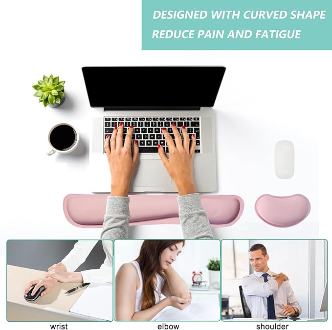 Keyboard Wrist Rest Mouse Wrist Support Set, Memory Foam Wrist Rest Pad for Computer Laptop Keyboard Mouse, Ergonomic Wrist Cushion Support for Typing Pain Relief, Gaming Home Office, Pink