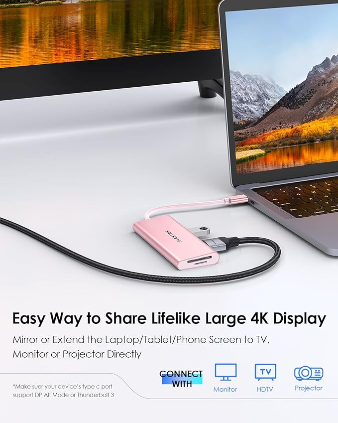 LENTION USB C Hub with 4K HDMI, 3 USB 3.0, SD/Micro SD 3.0 Card Reader, Compatible 2025-2018 MacBook Pro/Air, 2026 MacBook Neo, Mac, Surface, Chromebook, iPhone17/16/15 Pro Max, More (Rose Gold)