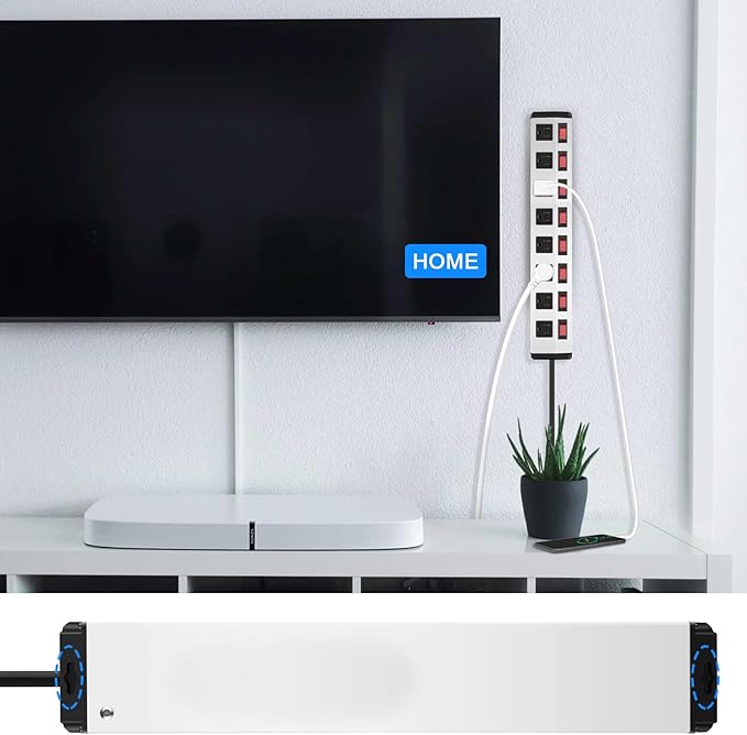 8 Outlet Metal Power Strip with Individual Switches,Heavy Duty Appliance Power Strip with Flat Plug,1200J Surge Protector,6FT Extension Cord 15A 120V 1800W for Home Office School Shop Industrial