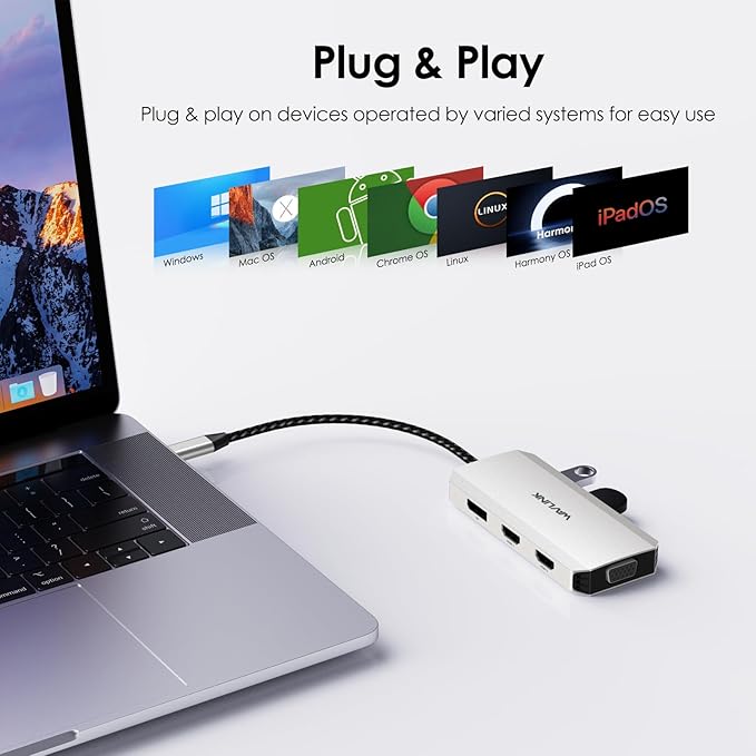 WAVLINK USB-C Quad Display Docking Station, 4K Triple Monitor Laptop Dock Hub for Windows, Dual HDMI + DisplayPort + VGA, 3 USB Ports