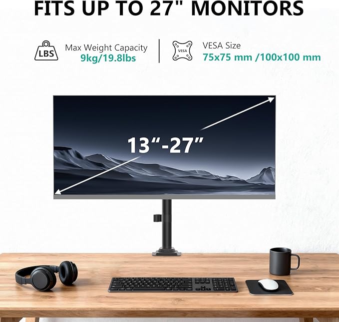 WALI Single Monitor Arm Mount for 13-27 inch Screens, Gas Spring Stand with Full Motion Tilt Swivel Rotation, Holds 19.8 lbs, VESA 75/100, C-Clamp & Grommet Mount (GSDM001S)