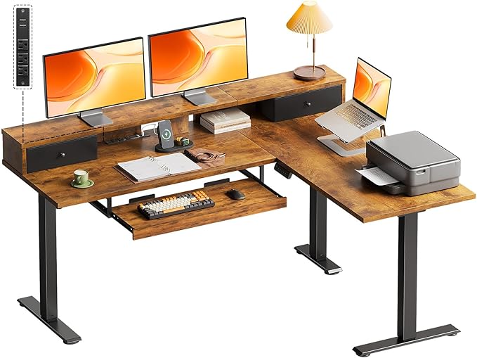 OffiGo 59 Inch L Shaped Electric Standing Desk with Drawers, Height Adjustable Corner Computer Desk with Keyboard Tray & Monitor Stand, Stand Up Table for Home Office Workstation, Rustic Brown