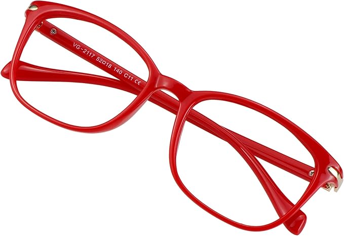 VisionGlobal Blue Light Blocking Glasses for Women Men, Stylish Square Frame (Red, No Magnification)
