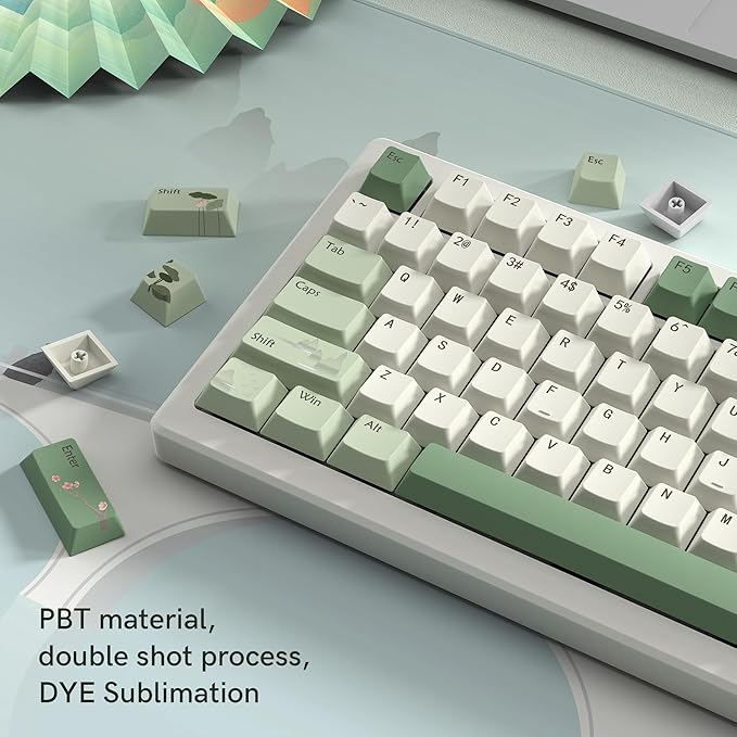 dagaladoo Matcha Green Keycaps PBT,dye Sublimation keycaps 60% 65% 100%, Spring Tea Custom Keycap Set, Cherry Profile Keyboard caps for 60% 65% 75% 100% TKL US Layout Mechanical Keyboard（134keys