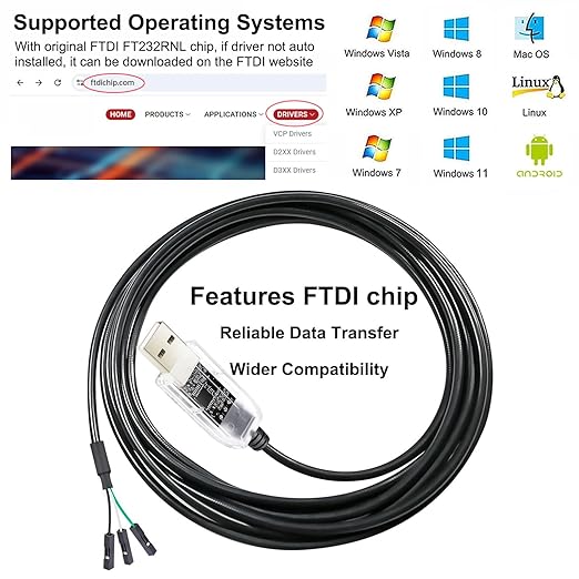 DTECH USB to TTL Serial Cable Adapter FTDI Chip 3.3V 3 Pin LED Indicators UART Debug Converter FT232RNL IC Output 3V3 Signal Level for Windows 11 10 8 7 XP MAC Linux Easy Debugging Programming, 6ft