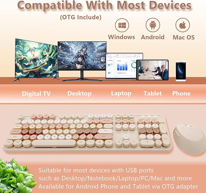 Wireless Keyboard and Mouse Combo, Ergonomic Cute Retro Typewriter Full Size Colorful USB Cordless Keyboard Mouse Set for Gaming and Office (Milk Tea)
