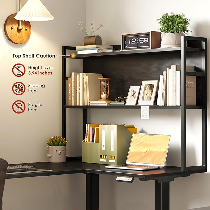 OffiGo L Shaped Electric Standing Desk, 63 Inch Reversible Corner Stand up Table with Hutch, Height Adjustable Ergonomic Large Lift Table for Home Office, Workstation, Black