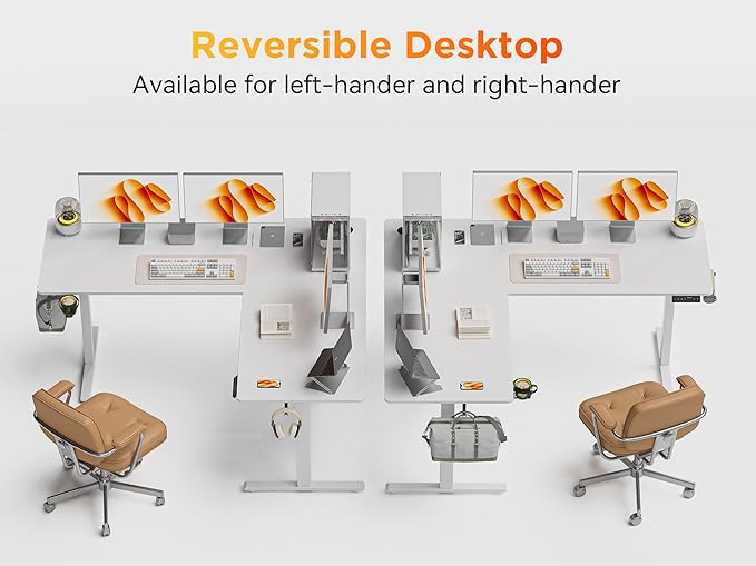 63X55 Inches Reversible L Shaped Standing Desk Height Adjustable with Cup Holder, Electric Corner Computer Desk, Sit Stand up Home Office Desk, Ergonomic Gaming Desk, White