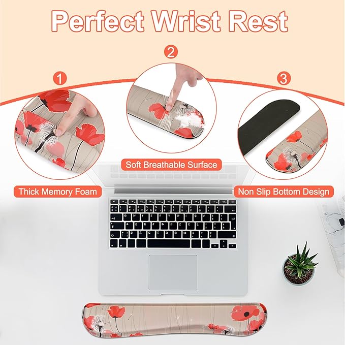 MEGREZ 4-in-1 Ergonomic Memory Foam Wrist Rest Set, Desk Pad, Mouse Pad with Wrist Rest, Keyboard Pad, Suitable for Office Workers, Programmers & Gamers–Relieve Typing & Gaming Fatigue, Light Brown