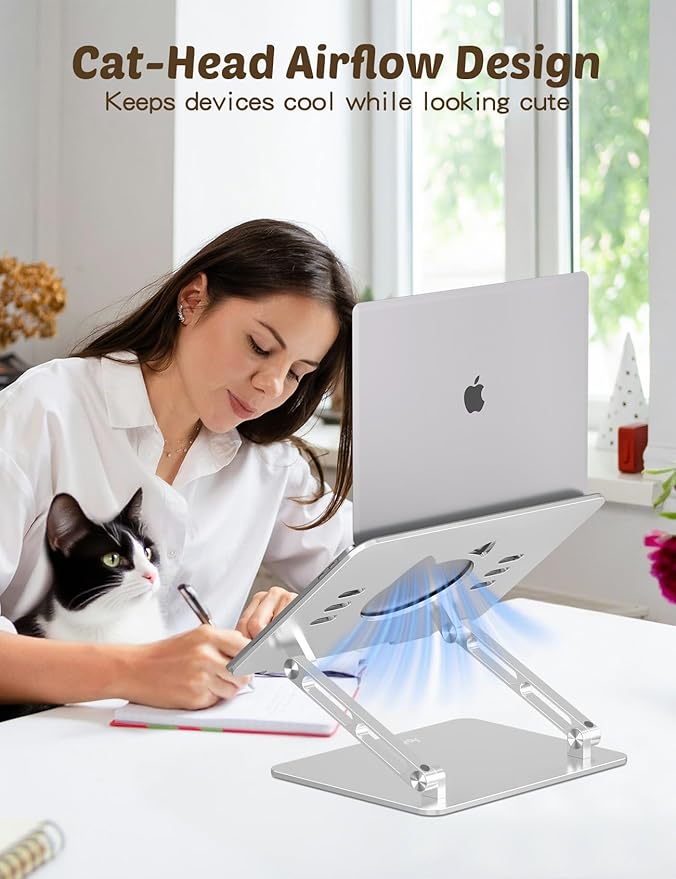 Laptop Stand for Desk – Adjustable Aluminum Laptop Riser with Unique Cat-Shaped Cooling Vent, Portable Desk Gift & Decor, Compatible with MacBook Air Pro, Dell, HP, Lenovo (10"-17.3"), Silver