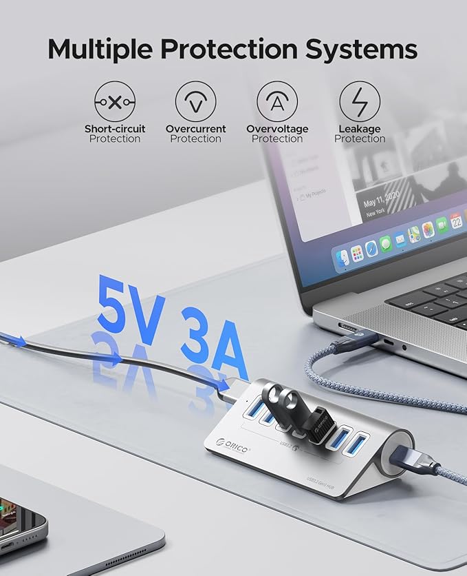 ORICO Powered USB Hub 10Gbps, 7 Port USB 3.2 Gen 2 Hub with 7 USB 3.2 Data Ports, 5V 3A Power Supply Interface, 1.64Ft USB C to C Cable and USB-A Adapter, Aluminum USB Data Hub for Laptop
