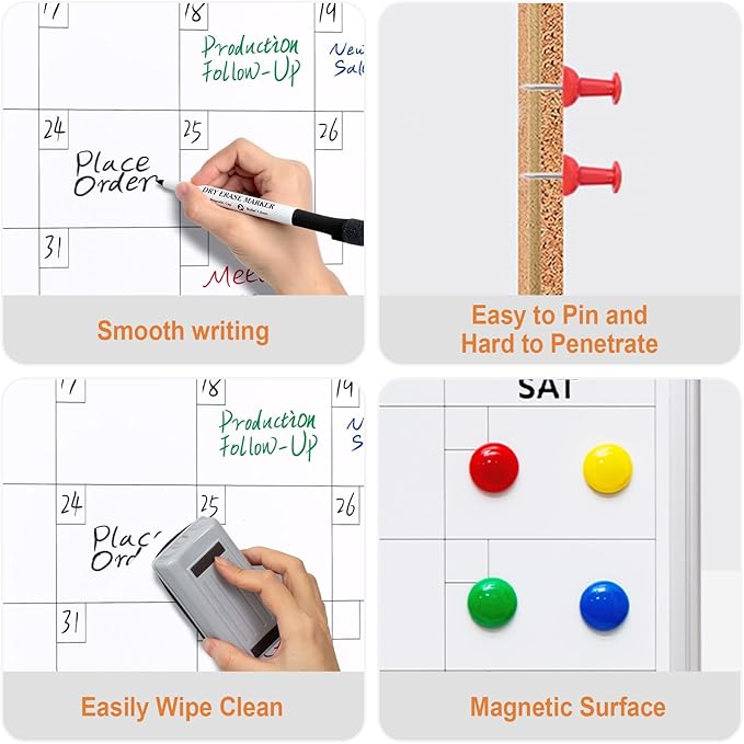 Comix Dry Erase Calendar Whiteboard Corkboard Combo, 36 * 24 inch Monthly Calendar and Bulletin Board Combination for wall, Aluminum Frame Planner with Dry Erase Markers, Magnets, Push Pins