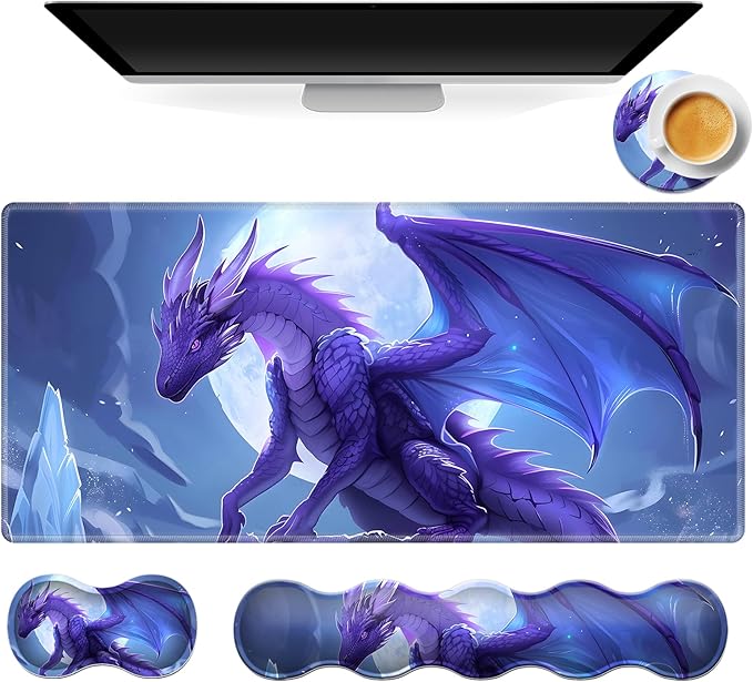 Gaming Mouse Pad Set, Majestic Purple Dragon Large Desk Mat Mousepad, Keyboard Wrist Support, Mouse Wrist Rest, Coaster 4in1 Ergonomic Memory Foam, Non-Slip Stitched Edge for Home Office