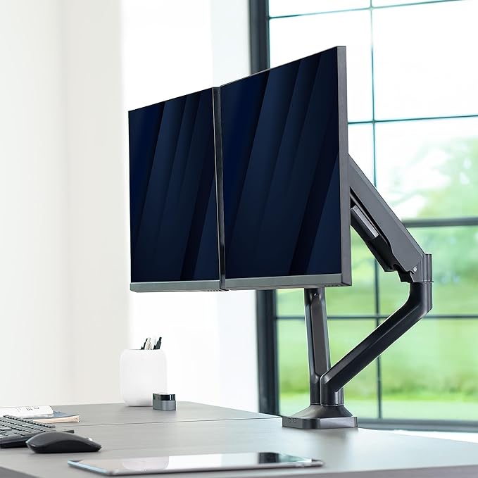 VIVO Dual Pneumatic Arm Ultra-Wide Monitor Mount for up to 35 inch Screens, Holds 26.4 lbs per Arm, Desk Mount Monitor Stand for 2 Ultrawides, Black, STAND-V200O