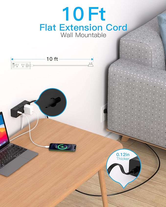 10Ft Extension Cord with Multiple Outlets, Flat Plug Power Strip Surge Protector with 10 Ft Long Cord, 6 Outlet 3 USB Ports (1 USB C), Multi Outlet Wall Plug for Travel, Dorm Room Essentials-Black
