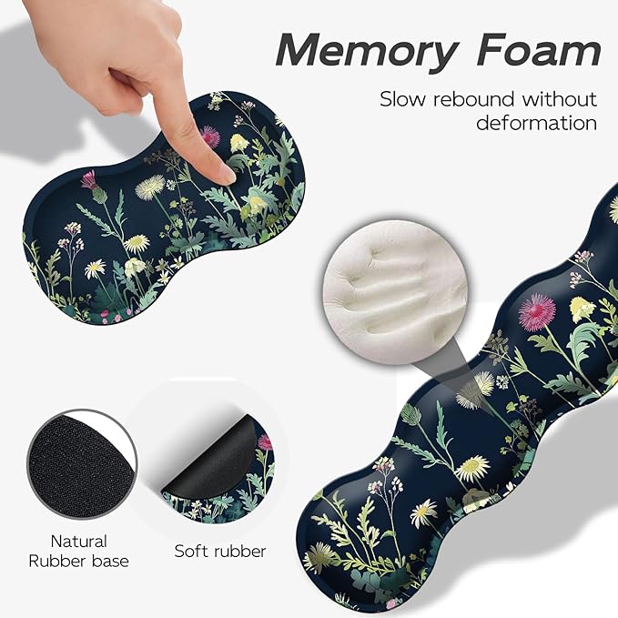 Gaming Mouse Pad Set, Wildflowers Illustration Large Desk Mat Mousepad, Keyboard Wrist Support, Mouse Wrist Rest, Coaster 4in1 Ergonomic Memory Foam, Non-Slip Stitched Edge for Home Office