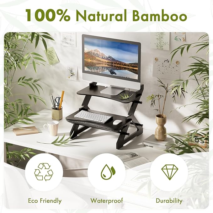 Amazer Standing Desk Converter, 22 inch Bamboo Small Sit Stand Up Desk Riser with Lap Desk Computer Desktop Desk Converter for Monitor and Laptop with Keyboard Tray, Black