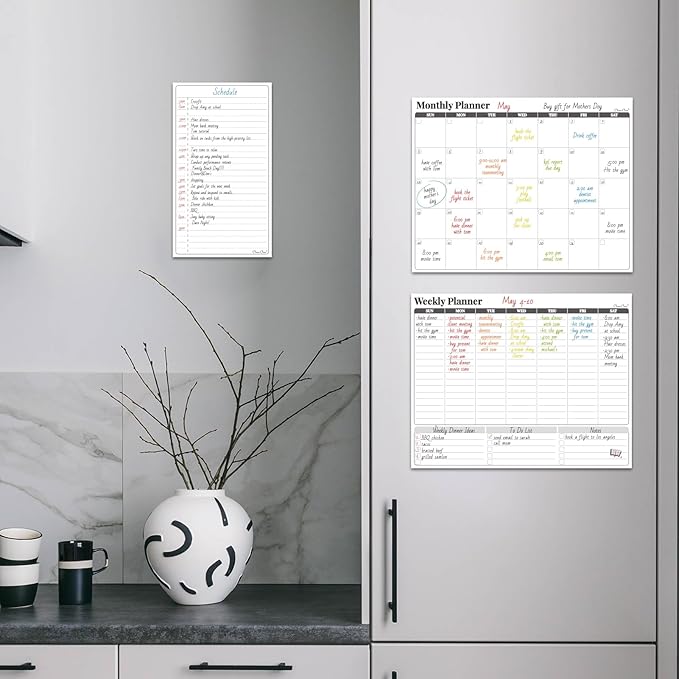 Non-Magnetic Dry Erase Calendar Set for Fridge - 14.5“x11.5 Reusable Monthly and Weekly Calendar - 6.5"x11.5" List Board Sticks to Most Smooth Surfaces - 6 Dry Erase Markers Included