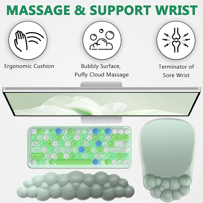 AKIT Bubble Massage Ergonomic Mouse Pad with Wrist Rest for Computer Keyboard Cloud Wrist Rest Keyboard Pad and Cute Mouse Pad with Wrist Support, Soft Green Mousepad Gaming Mouse Pads for Desk Office