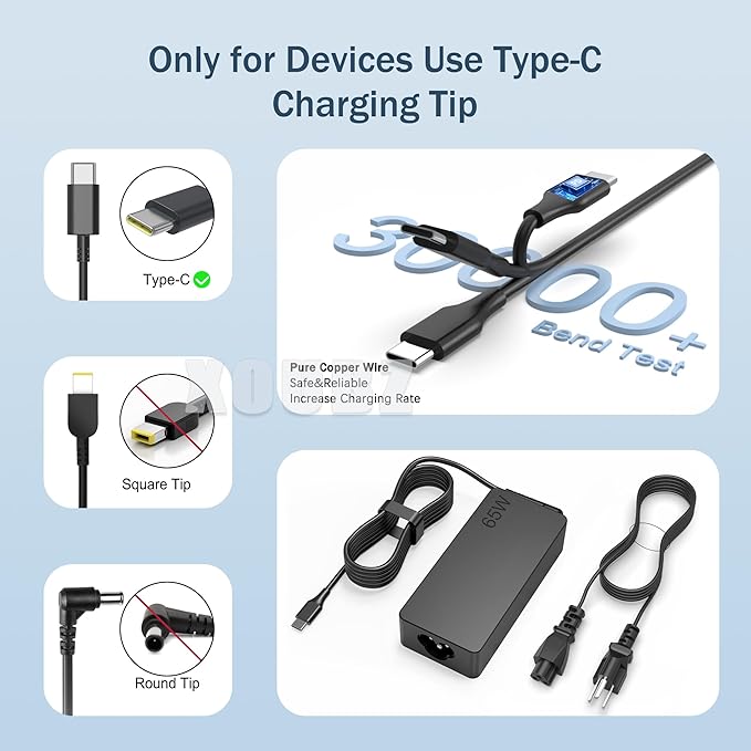 XOUBZ 65W USB C Laptop Charger Compatible with Lenovo ThinkPad Yoga Chomebook and More USB Type C Power Adapter