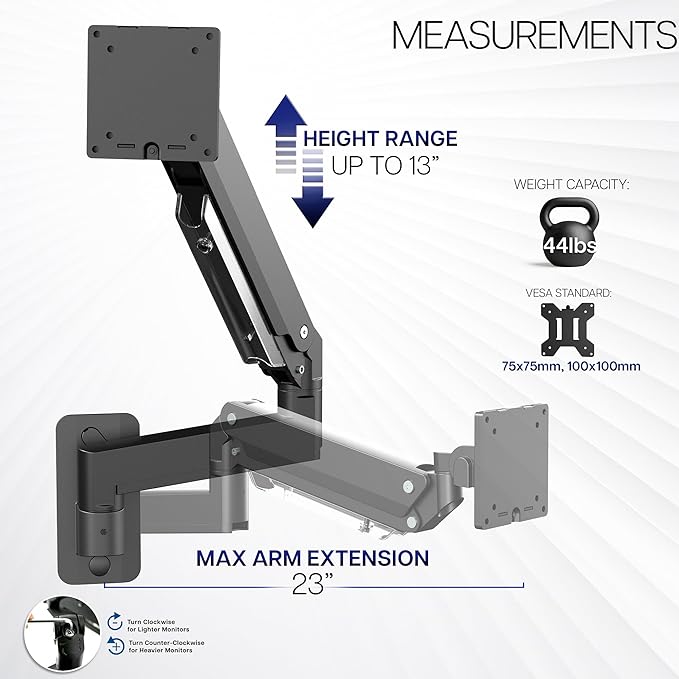 VIVO Premium Aluminum Heavy Duty Monitor Arm for Ultrawide Screens up to 49 inches and 44 lbs, Single Wall Mount, Pneumatic Height, Max VESA 100x100, Black, MOUNT-V101G1
