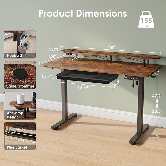 Standing Desk with Drawers and Cup Holder, Stand Up Adjustable Standing Desk, 48x24 Inch Electric Sit Stand Computer Desk with Splice Board for Home Office