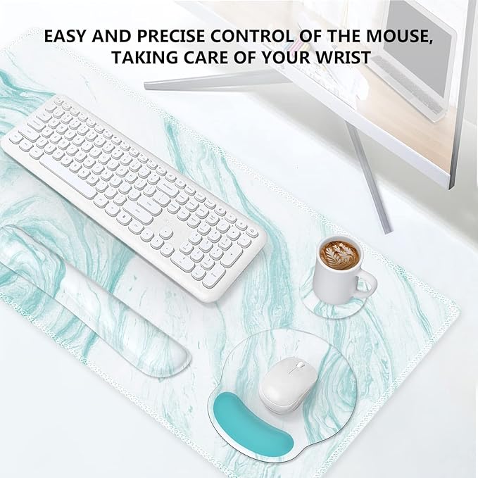 iLeadon Keyboard Mouse Pad Set, Large Gaming Mouse Pad + Keyboard Wrist Rest + Mouse Pad with Wrist Support + Coaster, Easy Typing Pain Relief, 4in1 Desk Mat Set for Home Office, Teal Turqoise Marble