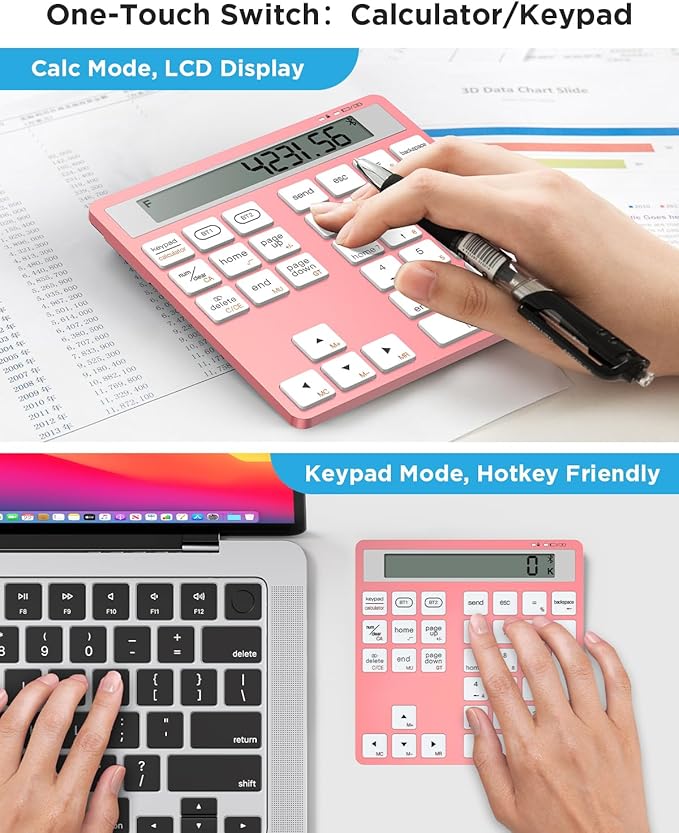 HoRiMe Number Pad for Laptop - Rechargeable Wireless Number Keypad 34 Keys with Dual Bluetooth, 2 in 1 Numeric Keypad Calculator with Display - Portable Slim Numpad for Windows, Mac, iMac, PC, Tablet