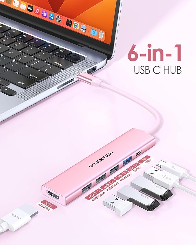 LENTION USB C Hub Multiport Adapter with 100W Charging, 4K HDMI, 4 USB-A Data Ports, Type C Hub for 2016-2026 MacBook Pro/Air/Neo, Surface, Chromebook, USB Splitter for iPhone 15-17 (CH17, Rose Gold)