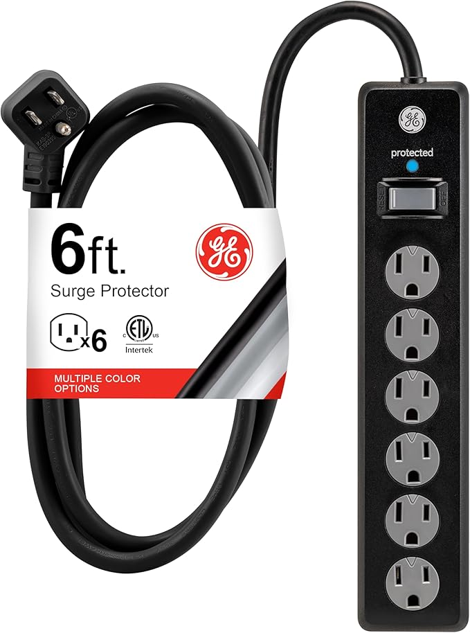 GE Surge Protector Power Strip, 6 Ft Extension Cord, 6 Outlet Extender, 800 Joules, Flat Plug, Twist-to-Close Safety Covers, ETL Listed, Black, 33661