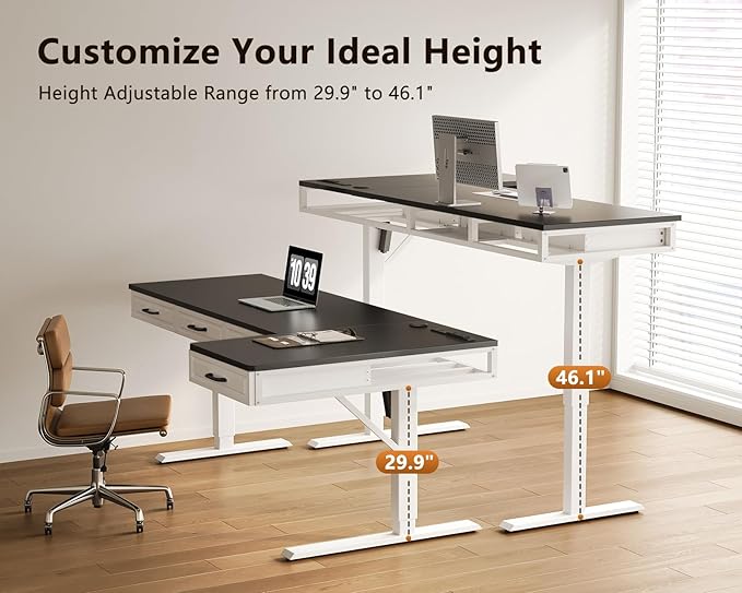 OffiGo L Shaped Electric Standing Desk with Wooden Drawers, 63 Inch Height Adjustable Corner Workstation with Power Outlets, Sit Stand Table for Home, Office, White+Black