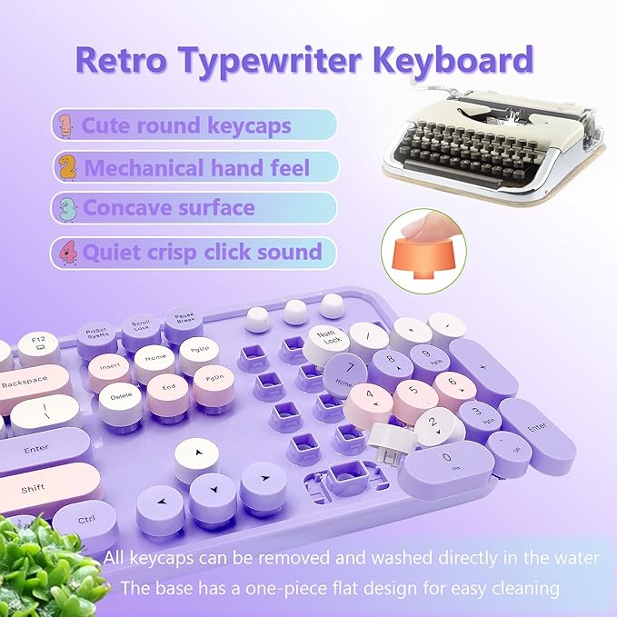 Wireless Keyboard and Mouse Combo, Ergonomic Cute Retro Typewriter Full Size Colorful USB Cordless Keyboard Mouse Set for Gaming and Office (Purple)