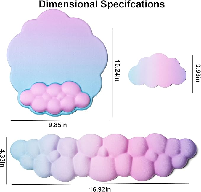 OUEST Cloud Wrist Rest Keyboard and Mouse Pad with Cute Ergonomic Memory Foam Non-Slip PU Base for Computer Mac Laptop Office Gaming-Cyan/Purple/Pink