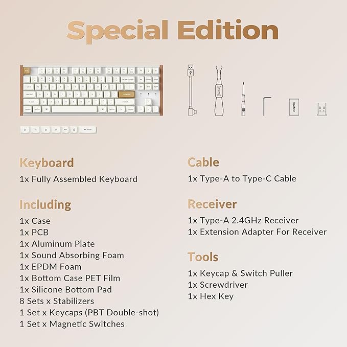 Keychron K8 HE TKL Hall Effect Wireless Mechanical Keyboard, Magnetic Hot-Swappable Switches, Rapid Trigger, QMK/VIA, RGB, 2.4GHz/Bluetooth 5.2/Wired, Aluminum & Wood Frame, Mac Windows Linux - White