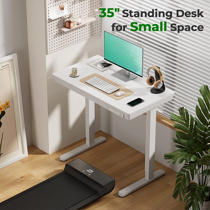 Small Standing Desk with Drawer, 35" x 20" Whole Piece Tabletop Electric Sit Stand Desk, Height Adjustable Desk with Storage & USB Ports, Quick Install Home Office Computer Desk, White