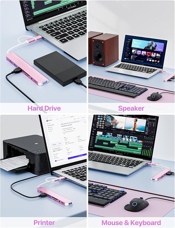 USB C/USB Hub Multiport Adapter,USB 3.0 Hub Aluminum 8 in 1 USB Splitter with SD/TF Card Reader,1 x USB 3.0, 3 x USB 2.0, 1 x USB C,and 3.5mm Audio Output for MacBook Pro Air,iPad Pro,Laptop-Pink