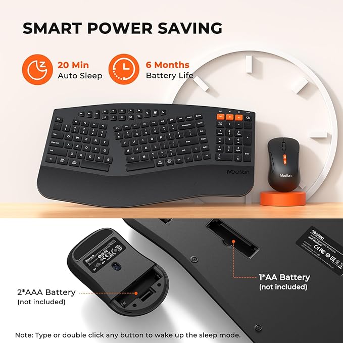 MEETION Ergonomic Keyboard and Mouse, Multi-Device Bluetooth Keyboard and Mouse Wireless, 4 DPI Adjustable Mouse, Full-Sized Split Keyboard, for PC/Computer/Laptop/Tablet/Window/Mac
