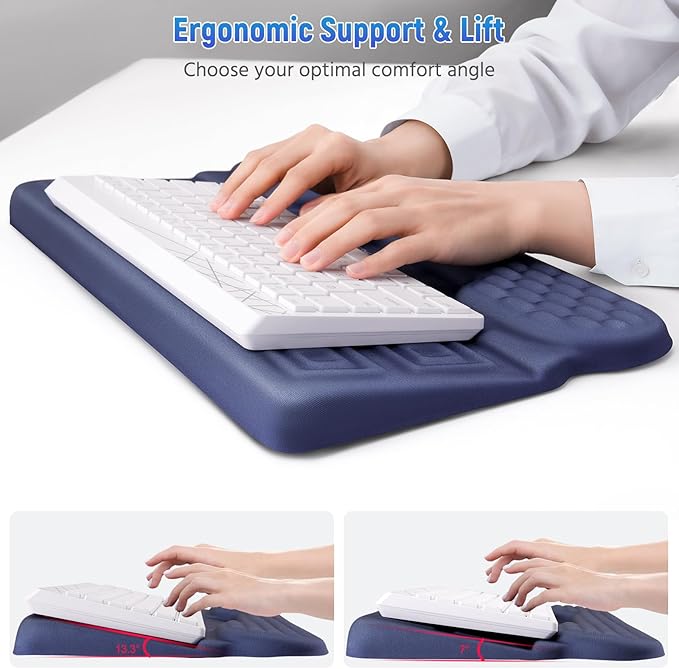 MOSISO Wrist Rest with Keyboard Stand, 3-in-1 Ergonomic Keyboard Riser Holder Lifter Tray with Wrist Pad&Pen Slot, Non-Slip Base Pain Relief&Easy Typing Pad with Memory Foam for Home Office, Navy Blue
