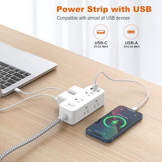 Extension Cord 25FT, BESHON Power Strip Surge Protector, 6 Outlets with 3 USB Ports(1 USB C Outlet), 3-Side Outlet Extender, Wall Mount, Compact for Travel, Home, College Dorm Room, and Office
