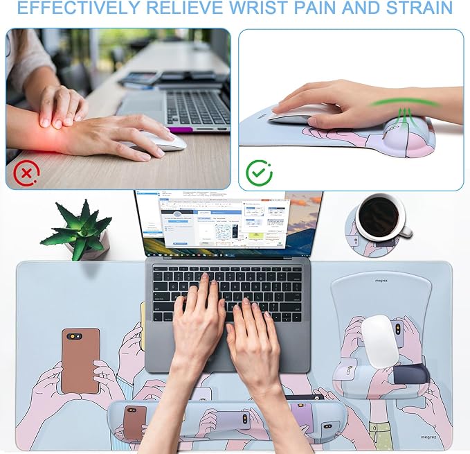 MEGREZ 4-in-1 Ergonomic Memory Foam Wrist Rest Set, Desk Pad, Mouse Pad with Wrist Rest, Keyboard Pad, Suitable for Office Workers, Programmers & Gamers–Relieve Typing & Gaming Fatigue,