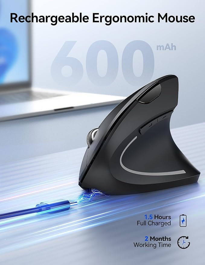 TECKNET Ergonomic Mouse, Wireless Rechargeable Vertical Mouse for Carpal Tunnel Right Hand, 4800 DPI 5 Adjustable Levels 2.4GHz with USB-A Receiver, Silent Click, for Laptop, PC, Desktop (Not USB-C)