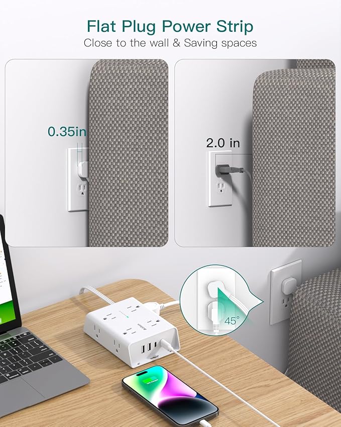 10FT Flat Plug Extension Cord with Multiple Outlets, Surge Protector Power Strip 10 ft Cord, 8 Outlets 4 USB Ports (2 USB C), Multi Outlet Wall Plug for Home Office College Dorm Room Essentials